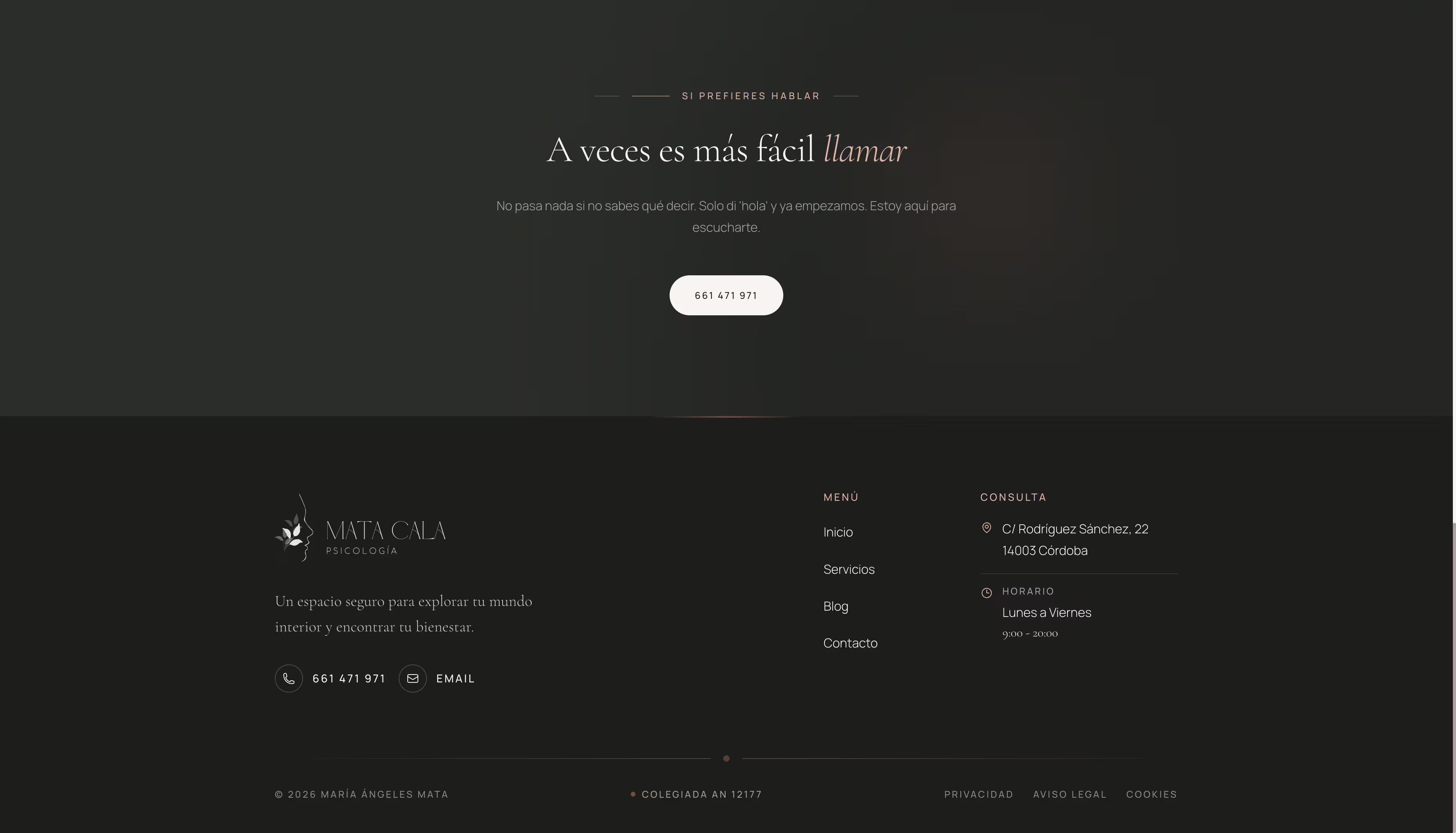 Mata Psicología — llamada a la acción y flujo de contacto